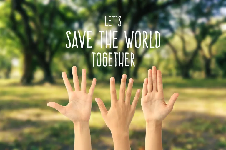 an image showing three hands against a woodland background with the words "Let's Save the world together" on top of the image.