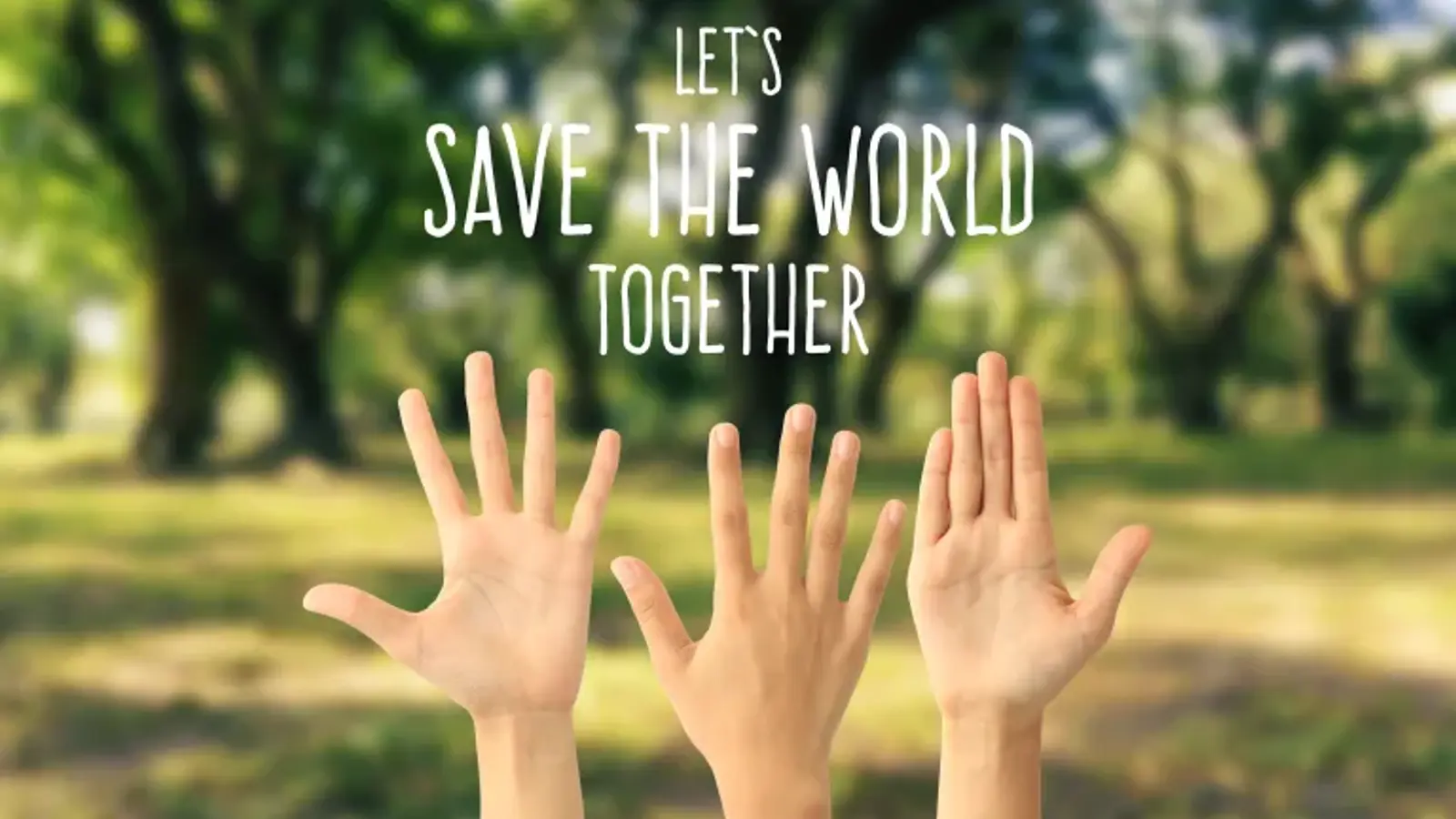 an image showing three hands against a woodland background with the words "Let's Save the world together" on top of the image.