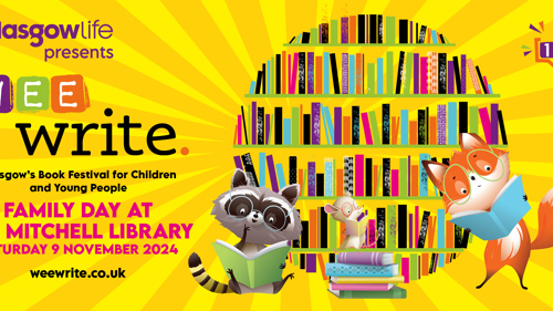 A colourful banner featuring a cartoon racoon, mouse and fox, all wearing glasses and reading books in front of a colourful bookcase