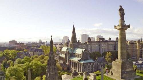 Aerial view showing the Cathedral Precinct area of Glasgow featuring a large stone church building