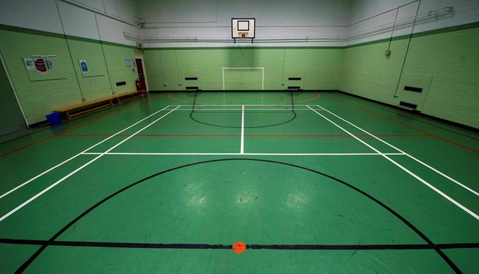 games hall which is marked out for different games. the floor is marked in green with white, black and red lines for the games. the walls are painted light green. there is a basketball net on the far wall