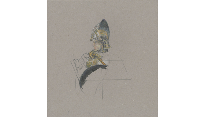 drawing of figure in armour - head and shoulders only