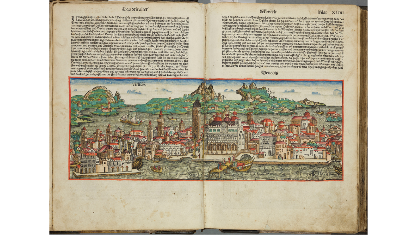 An open two-page spread of an early printed book featuring dense German text above a large, hand-coloured woodcut illustration depicting the city and harbour of Venice.