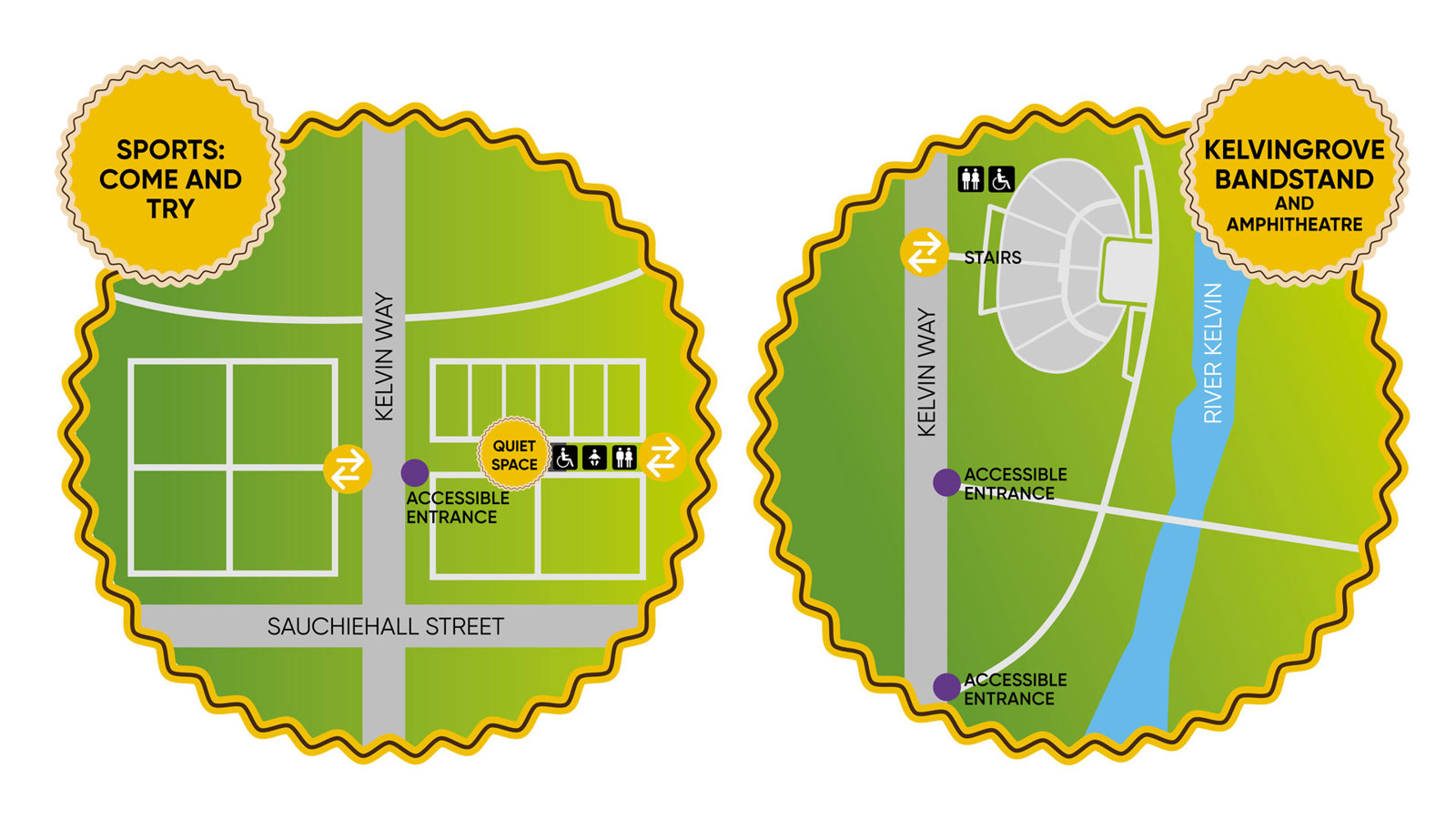 Maps of sports area and kelvingrove bandstand detailing access routes which will be activated during the Glasgow Mela event.