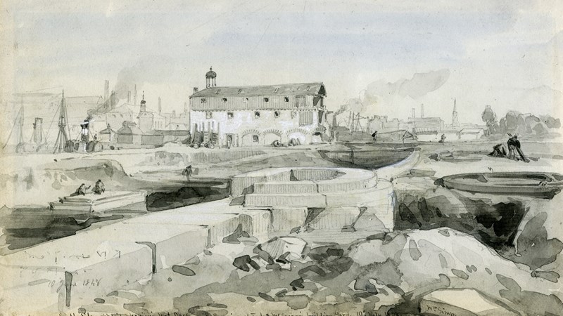 An artist illustration of a large building in the background and baron land around it, muted grey tones.
