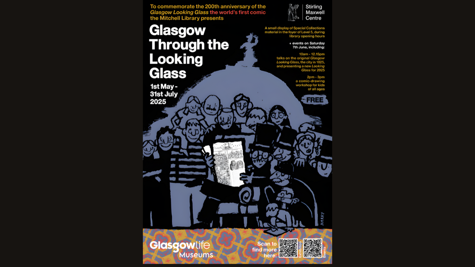 Poster for an event. There is an illustration of a group of people gathered round reading a magazine. Text reads: "To commemorate the 200th anniversary of the  Glasgow Looking Glass the world's first comic. Through the Looking Glass 1st May -  31st July 2025 "