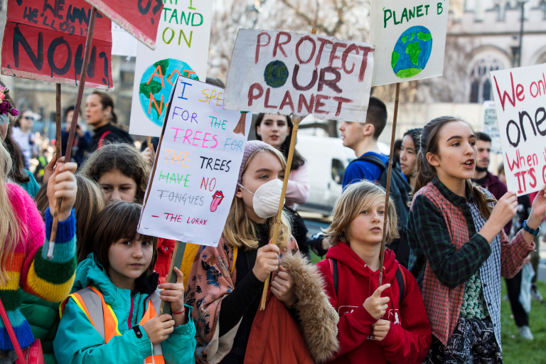 a photograph of another protest and people holding various environmental placards.