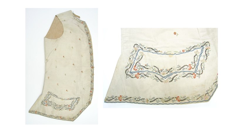 two images showing detail and profile of an embroidered white waistcoat.