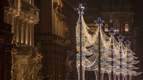 golden festive lights of abstract christmas trees in an evening city centre setting