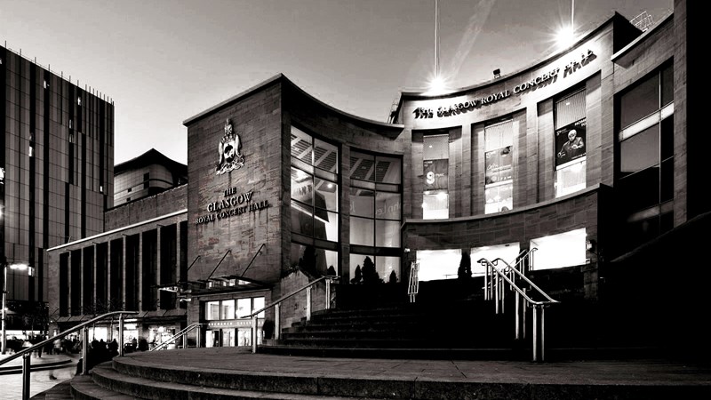 A view of Glasgow"s Royal Concert Hall, at dusk.