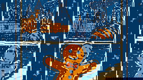 Illustration of a gingerbread figure wearing a bow tie in front of a snowy, stylised Glasgow cityscape