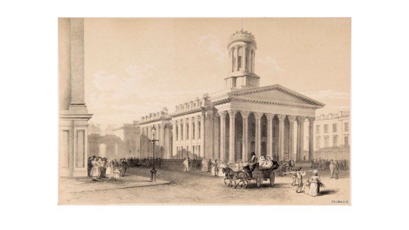 sketch of GoMA showing the pillared frontage 