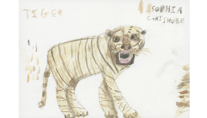 painting of a brown striped tiger with mouth open