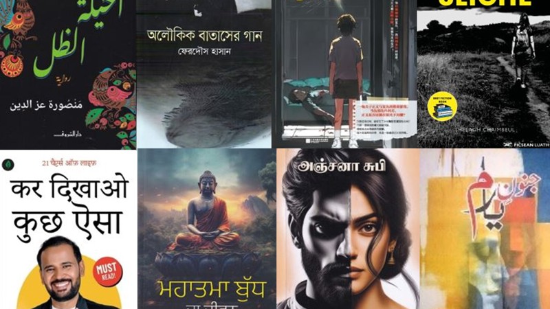 Selection of book covers in a range of world languages displayed in a grid, representing a multilingual library collection.