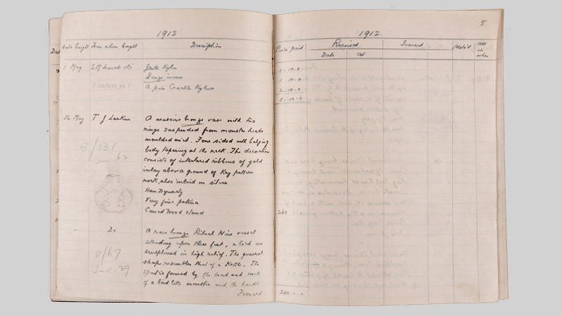 Photograph showing one of William Burrell's hand-written purchase books currently stored at GMRC.