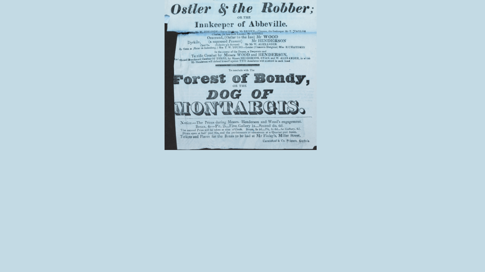Playbill for Theatre Royal, Queen Street, Glasgow. The shows are "Ostler and Robber; or the Innkeeper of Abbeville. To conclude with the Forest of Bondy or the Dog of Montargis."