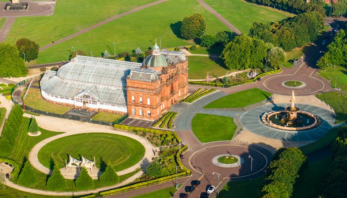 Aerial view of People's Palace building in Glasgow Green