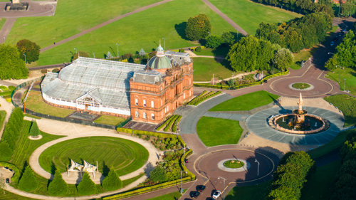 Aerial view of People's Palace building in Glasgow Green