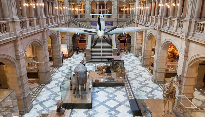 Photograph shows the Spitfire aircraft within Kelvingrove Museum.