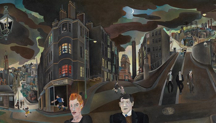 A painting made up of dark and wavy figures and objects shows a Glasgow streetscape in the 1950s