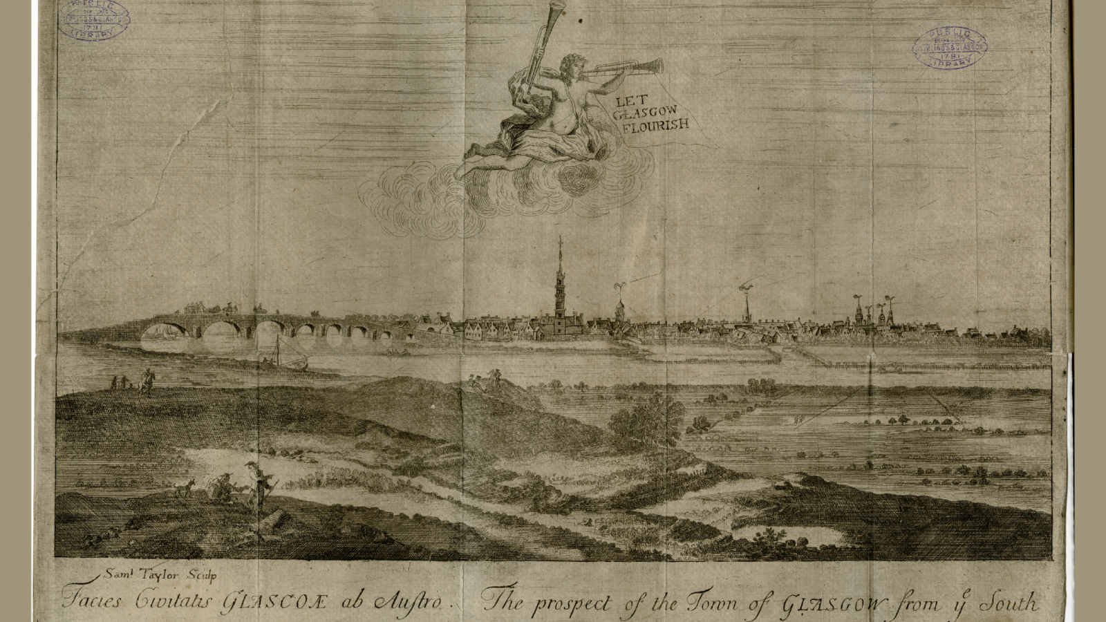 Illustration of a city from the 18th century. There are fields in the foreground.