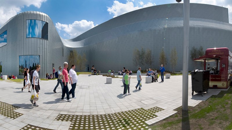 Photograph showing visitors arriving outside Riverside museum