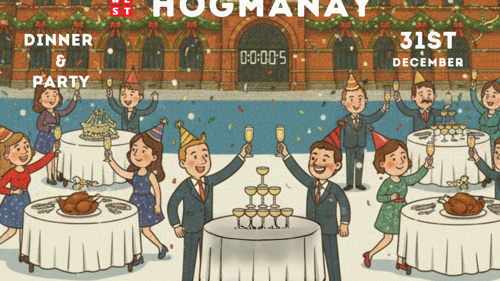 Illustrated outdoor New Year’s Eve celebration in front of a festively decorated building. People in party hats raise glasses around tables, including roast turkeys and drinks. Confetti falls as a countdown clock on the building shows five seconds remaining. Text on the image reads “HOGMANAY,” “Dinner & Party,” “31st December,” and “WESTONTHEGREEN.COM.”