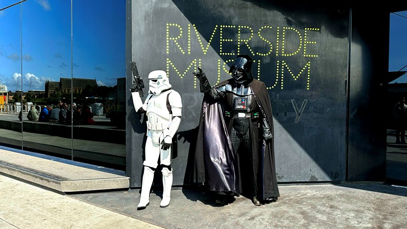 Darth Vader and an Imperial Storm Trooper from the 501st Legion, and Star Wars, outside Riverside Museum
