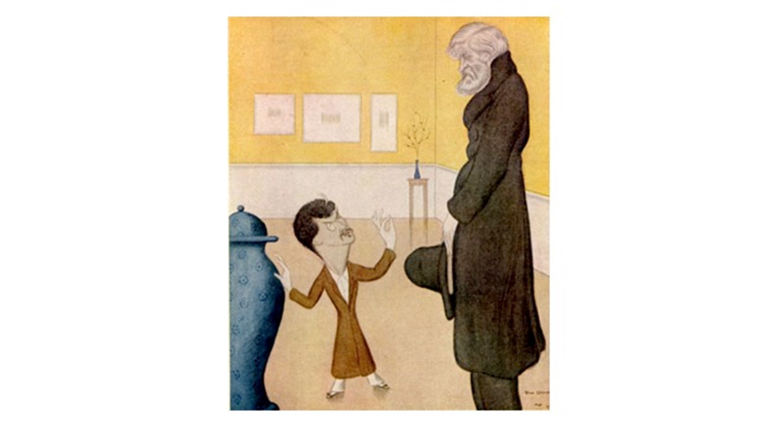 a cartoon like image of a tall darkly clothed figure looking down towards two brightly clothed people.