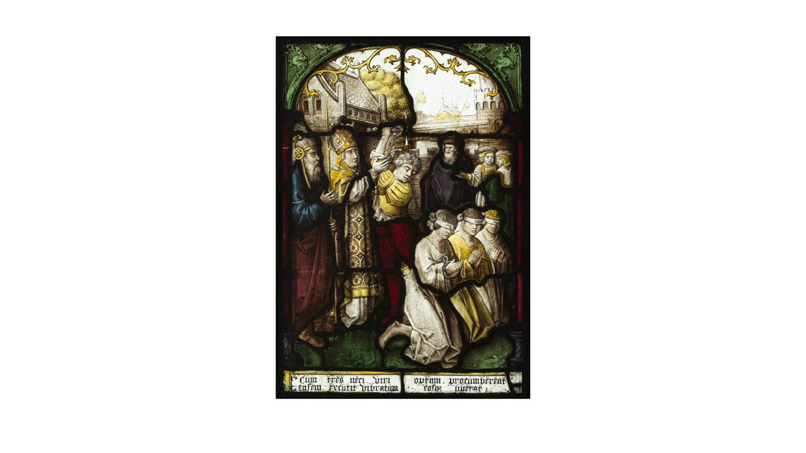 a colourful stained glass piece with figures all over