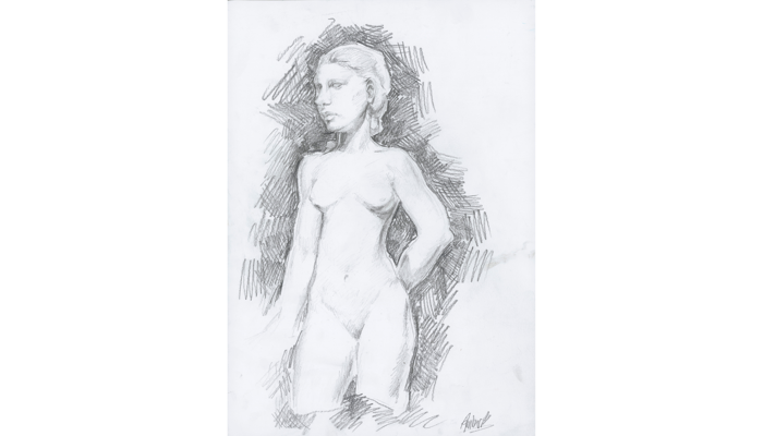 black and white pencil drawing of sculpture of female figure