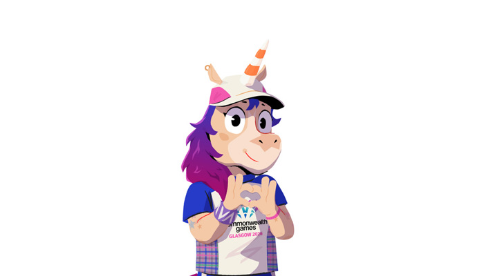 An image of the new Glasgow 2026 mascot a bright cheerful unicorn wearing a Glasgow 2026 t-shirt