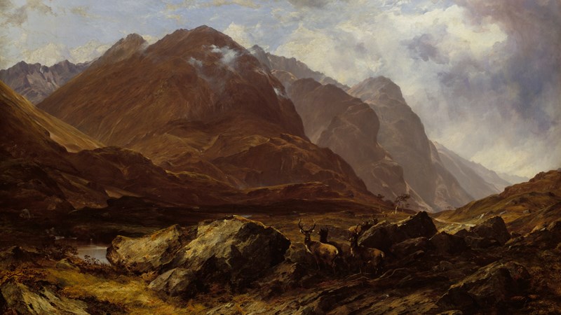 a dramatic painting of a glen in the Highlands and the mountains around.
