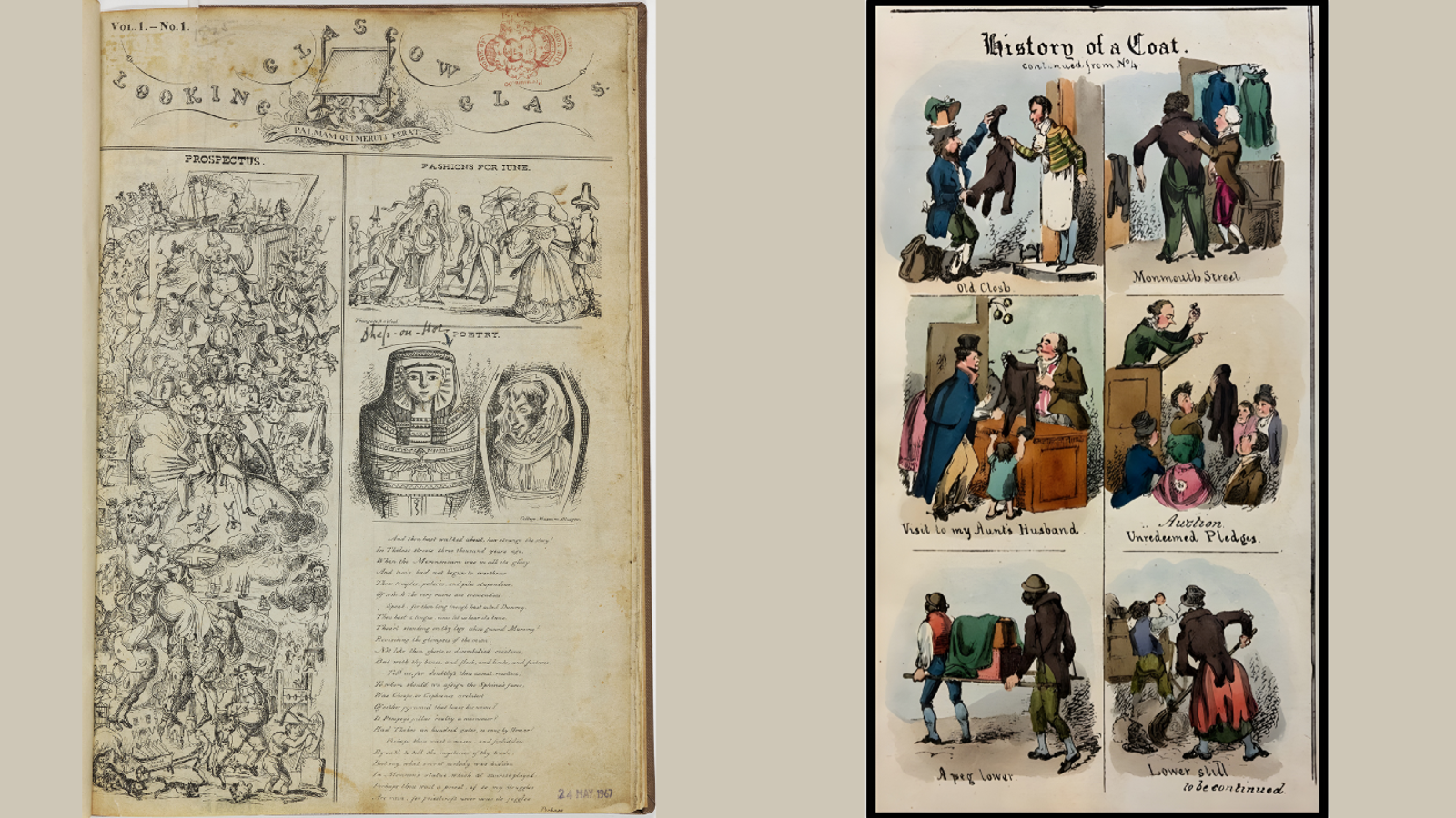 A composite image depicting the front cover of a newspaper from 1825 called "The Glasgow Looking Glass" on the left, and a coloured cartoon entitled "History of a coat" on the right.