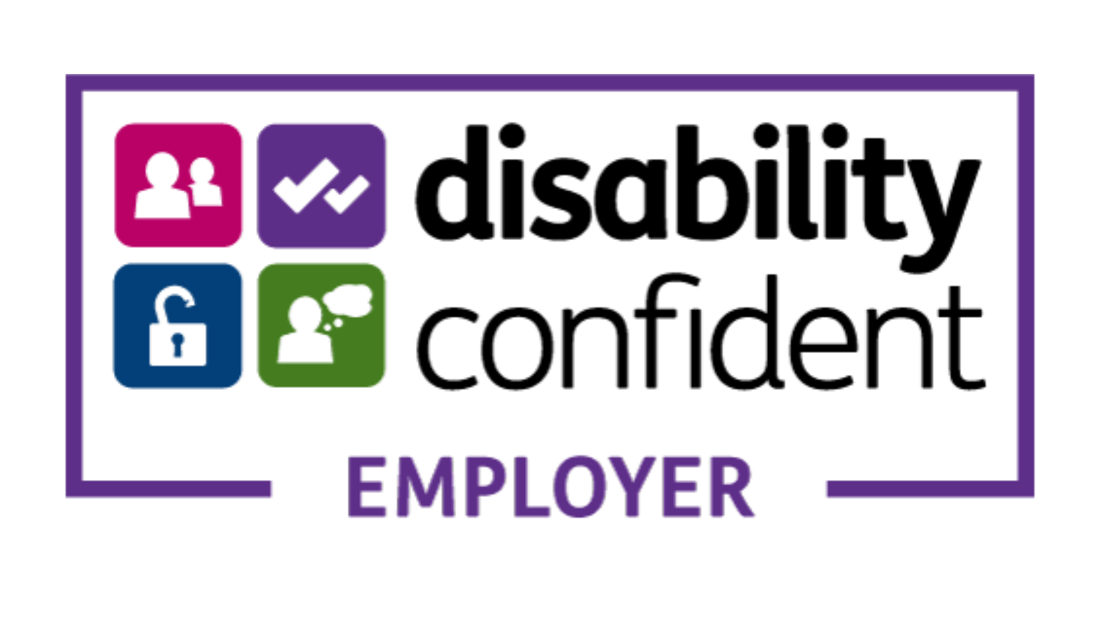 Disability Confident Employer logo with four coloured icons and the words ‘disability confident employer’.