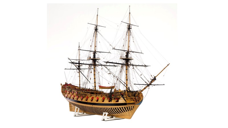 wooden scale model of a 3 masted ship called HMS Oxford