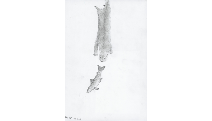 black and white drawing of otter and fish