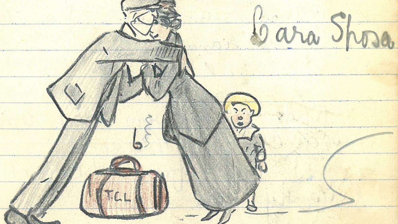 An illusatration from Thomas Cairns Livingstone's diary entry showing two people hugging with a suitcase on the floor between them and an shocked looking child behind them.