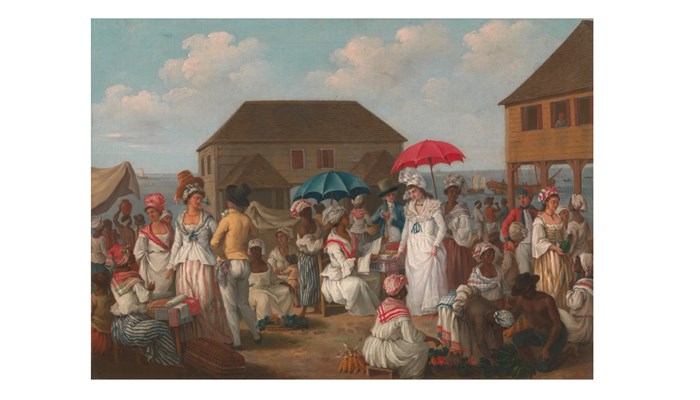 a painting of a gathering scene. Some people have umbrellas and most are dressed in white. The sky is blue with clouds.