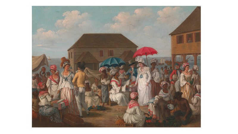 a painting of a gathering scene. Some people have umbrellas and most are dressed in white. The sky is blue with clouds.