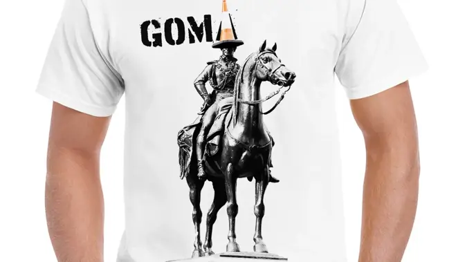 White T-shirt featuring a black-and-white equestrian statue with a traffic cone and the text “GoMA”.