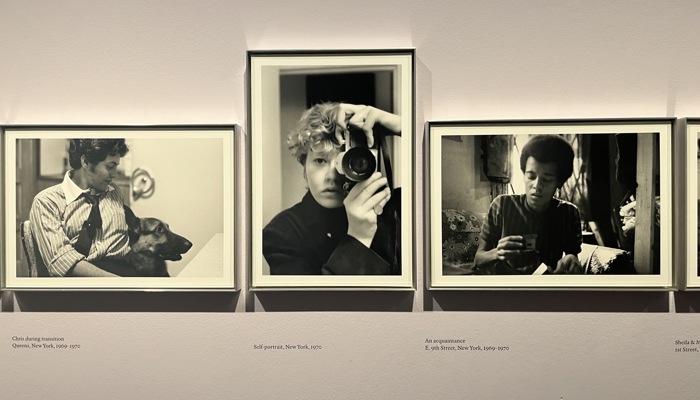 A gallery wall displays three framed black‑and‑white photographs in a horizontal row, each with a caption printed beneath it. The left image shows a person sitting with a dog. The centre image is a self‑portrait of someone holding a camera. The right image shows a seated person looking down at an object in their hands. The clean layout and uniform framing give the display a documentary, archival feel.