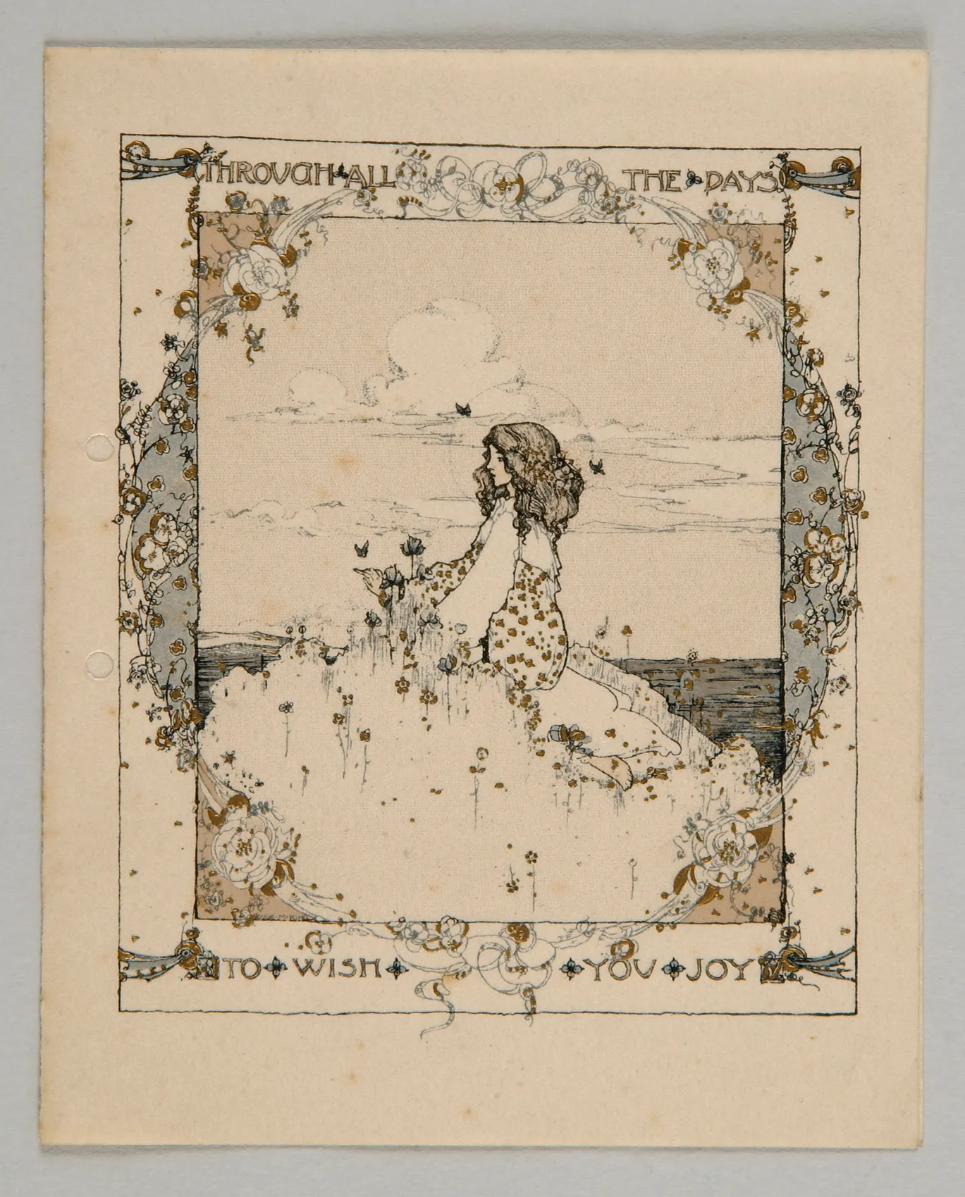 a drawing of figure sitting amongst flowers by the sea on a hilltop.