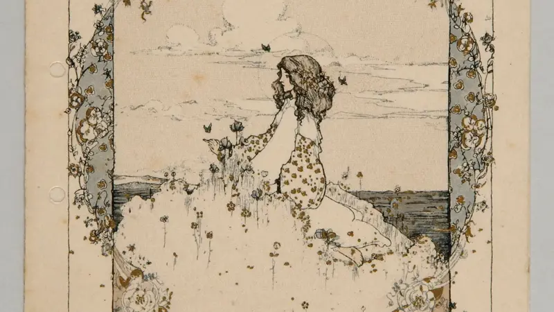 a drawing of figure sitting amongst flowers by the sea on a hilltop.