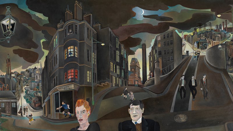 Painting of Cowcaddens Streetscape In The 50s by Alasdair Gray showing abstract versions of tenement