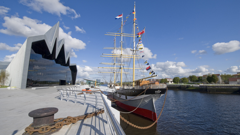 Photograph showing the Glenlee ship and the outside of the Riverside museum