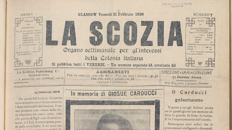 Front page header of the Italian-language newspaper La Scozia, published in Glasgow on Friday, February 21, 1908 (Issue No. 7)