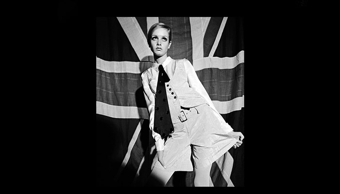Twiggy modelling waistcoat and shorts ensemble, 1966. © Photograph Terence Donovan, courtesy Terence Donovan Archive. The Sunday Times, 23 October 1966 
