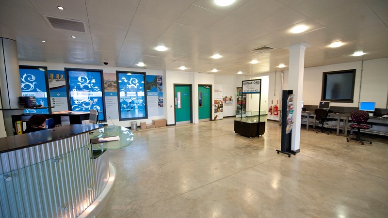 Photograph showing the reception inside the main entrance of GMRC.