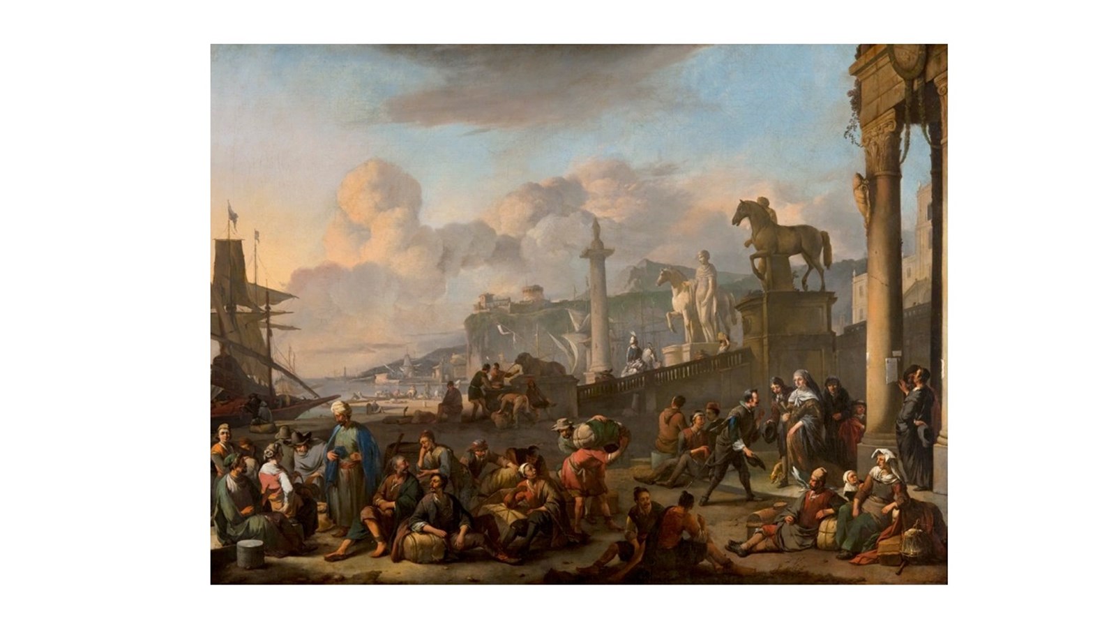 a painting of a classical scene showing statues and people gathered below the hills in a sea port.